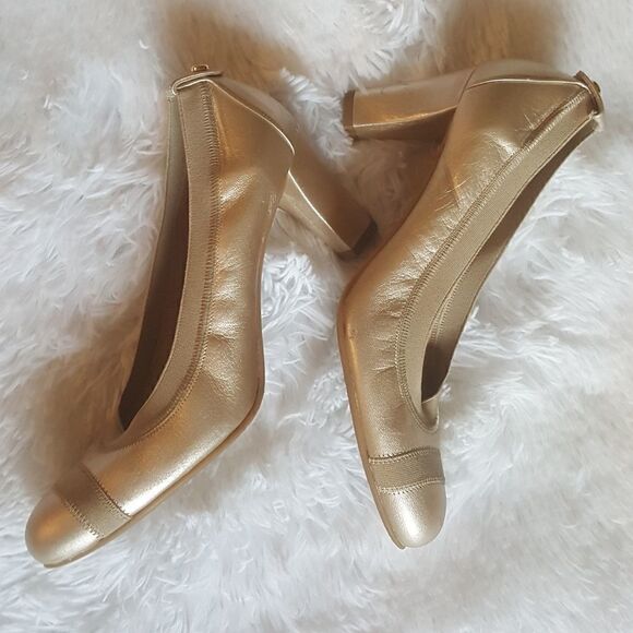 Stuart Weitzman Vintage Heels Pumps Gold Elastic Top Trim Block Heel Size 7.5 - Picture 2 of 16